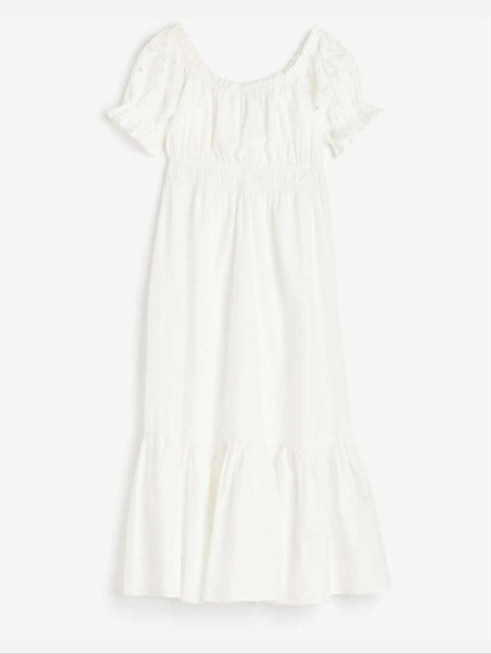 H&M OFF-THE-SHOULDER EYELET COTTON MAXI DRESS PUFF SLEEVE WHITE